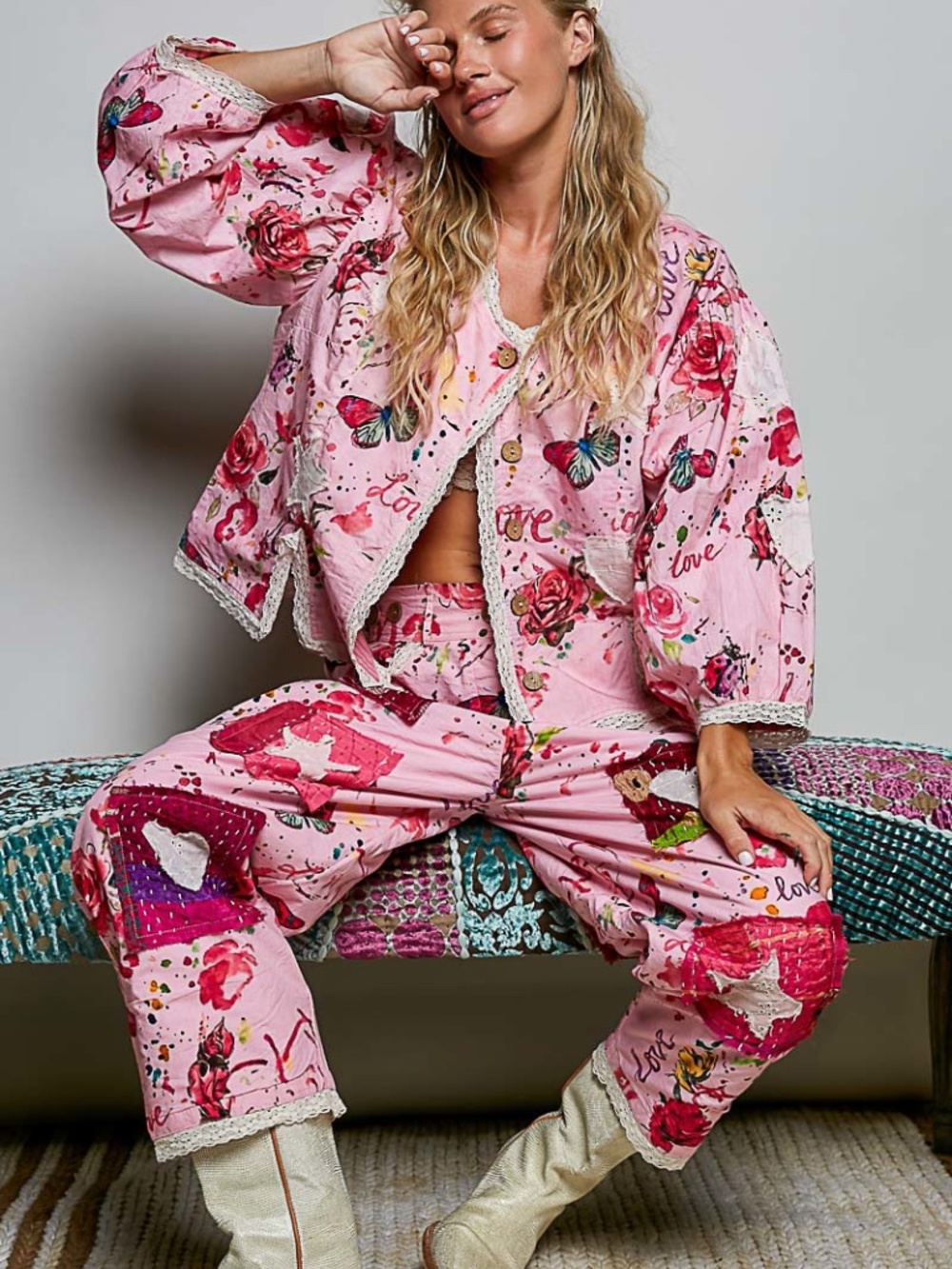 Pol Pink Mix Butterfly Star Love Floral Print Button Down Lightweight Jacket - Picture 4 of 6